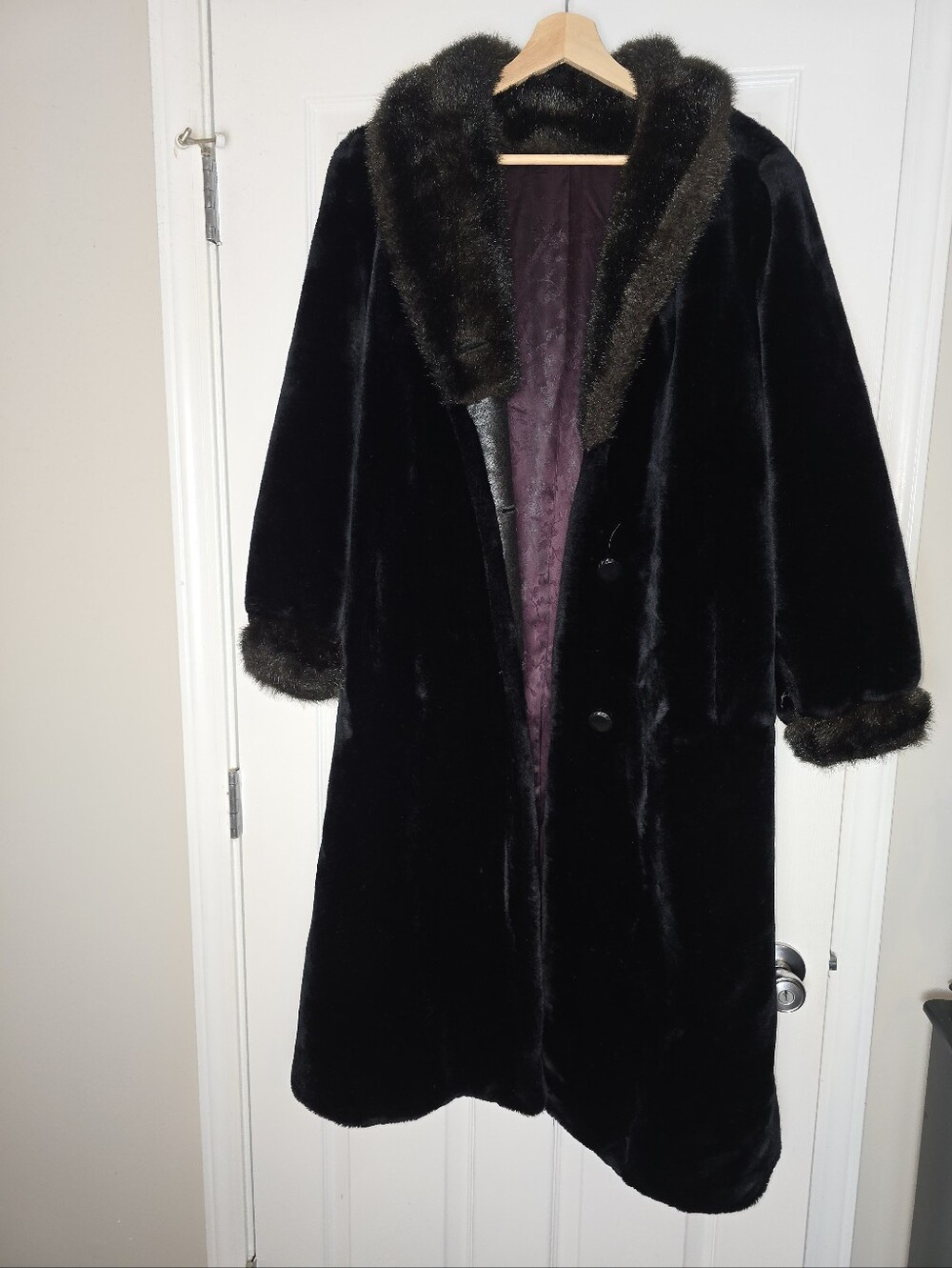 Vintage 70's 80's Black Faux Fur Long Coat with Contrast Trim Made In USA Size L